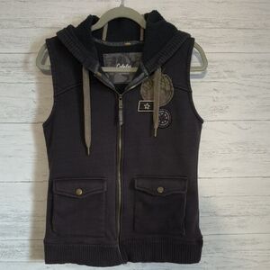 Cabela's Dark Grey Hooded Vest with Patches
